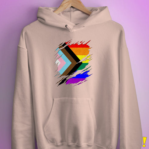 LGBTQ Progress Pride Flag Ripped Reveal Hoodie - Light Pink